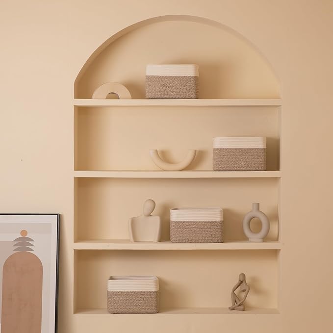 4 Pack Storage Baskets for Organizing, Woven Baskets for Shelves - Perfect for Toys, Books, Towels, and Clothes, Durable Gift Basket Bins Toy Storage, 12.7''Lx9''Wx7.8''H, Brown & White-Ruum Studio Home