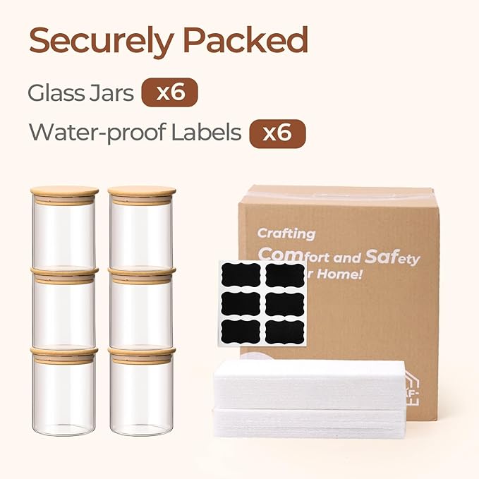 ComSaf 0.8 Qt Glass Food Storage Jars Set of 6, Clear Glass Storage Containers with Lids, Pantry Organization Jar, Spice Jar, Blooming Tea, Coffee and Sugar Container, Small Canister Set for Kitchen-Ruum Studio Home