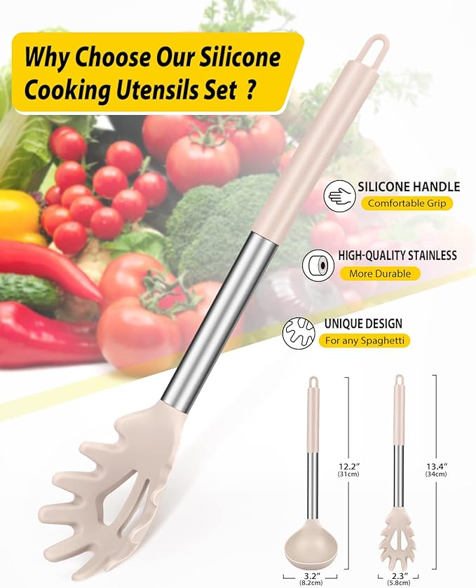 Silicone Pasta Fork and Ladle Spoon Set, Large Non Stick Kitchen Utensils for Cooking,Stirring,Serving Spaghetti, Soup, Sauce (KHAKI)-Ruum Studio Home