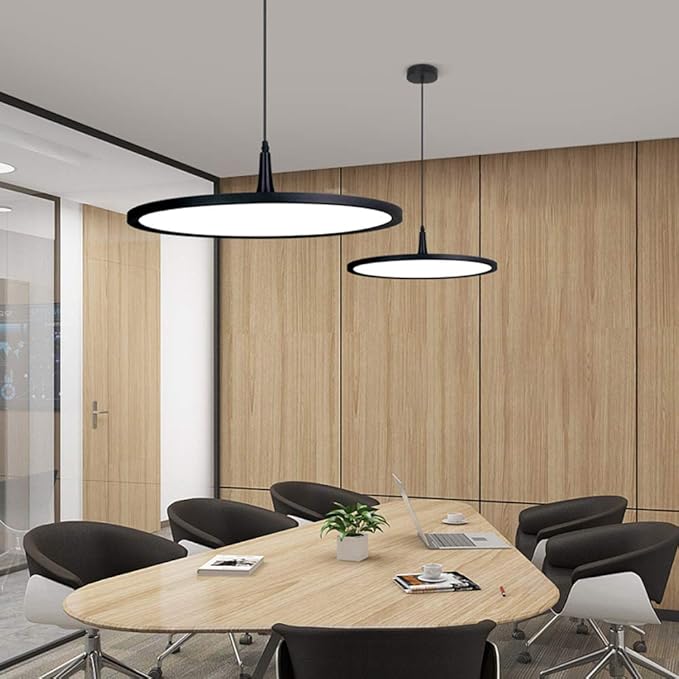 MADEM Modern LED Pendant Light 23.6'' Disc Chandelier Hanging Lighting Fixture with Acrylic Shape Dimmable Office Chandelier 6000K for Office Room Football Bedroom Decor Kitchen Island, Black-Ruum Studio Home