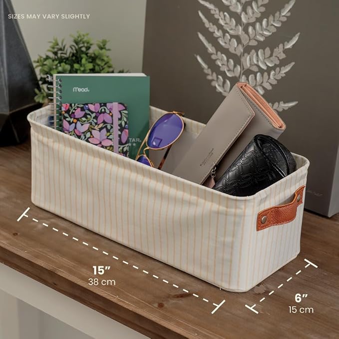 OrganiHaus Narrow Storage Bins 15x06in, Small Closet Bins for Shelves, Bathroom Storage Baskets, Narrow Baskets, Fabric Organizer with Handles, Toilet Paper Organizer - 2 Pack, White w/Brown Stripes-Ruum Studio Home