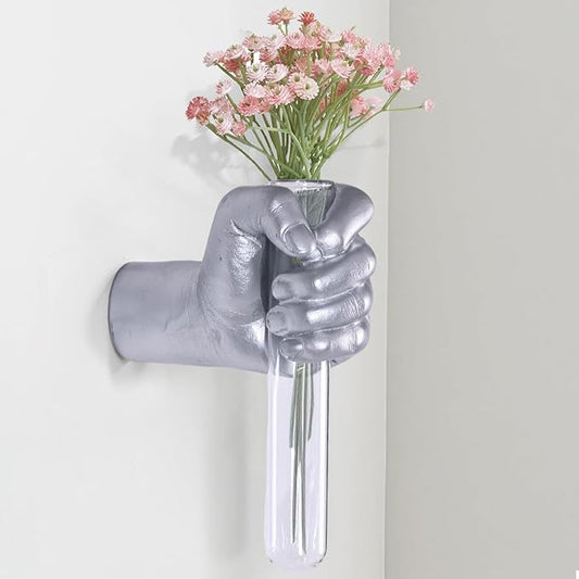Silvery Wall Sculptures, Hand Vases Home Decor, Wall Mount Art Sculpture, Unique Wall Art Statue, Funky Flower Vase Decorations, Modern Eclectic Hanging Decor,Glass Test Tube Vase (Silvery)-Ruum Studio Home