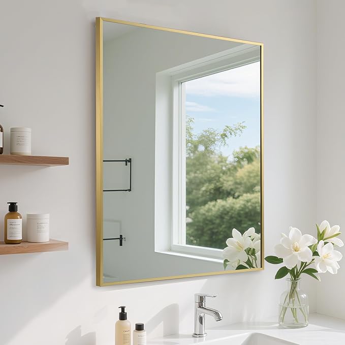 FARMER 22x30 Inch Gold Bathroom Mirror, Rectangle Wall Mounted Mirror, Vanity Mirror, Brushed Square Mirror, Framed Bathroom Mirror for Bedrooms, Entryways, Living Rooms, Horizontal/Vertical-Ruum Studio Home