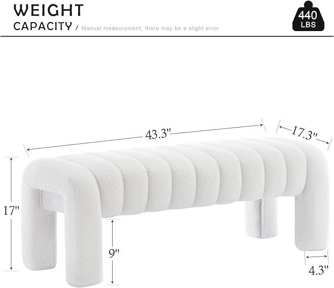 43.3" Bedroom Bench, Upholstered Entryway Bench, Modern End of Bed Ottoman with Solid Wood Legs and Adjustable Foot Pegs for Entryway, Dining Room and Living Room (White Teddy)-Ruum Studio Home