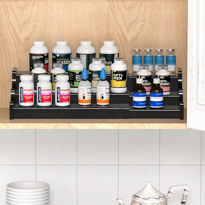 Spice Rack Organizer For Cabinet - 3 Tier Black Bamboo Wooden Expandable Display Shelf from 12.70 to 22.20 inch-Ruum Studio Home