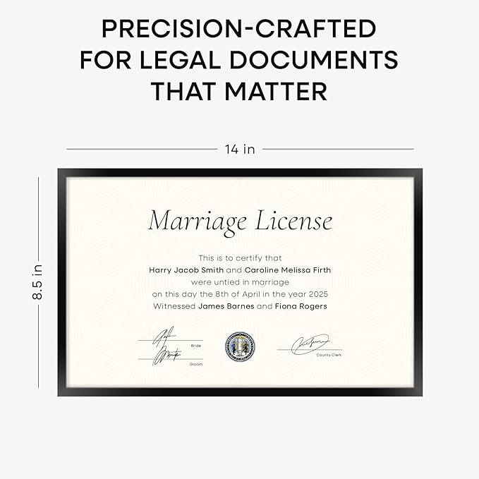 Homeforia 8.5 x 14 Marriage License Frame Black, High End Metal 8.5x14 Marriage Certificate Frames, 14x8.5 Picture Frame for Wall & Tabletop, 8.5 by 14 Photo Frames, Tempered Glass, Wall Kit, Set of 1-Ruum Studio Home