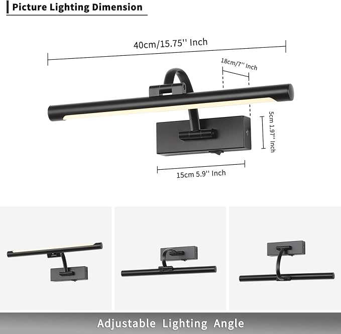 Picture Lights Battery Operated with Remote and Dimmable Function, Rechargeable Gallery Light Black Art Light Wireless Painting Lights 16'' Inch for Display, Portrait, Artwork, Warm White-Ruum Studio Home