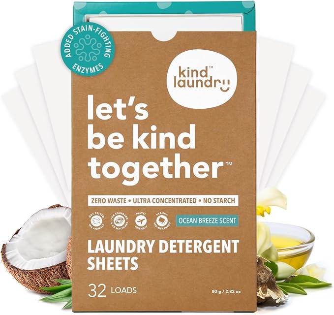 Kind Laundry Detergent Sheets with Stain-Fighting Enzymes - Plant Powered Eco-Friendly Laundry Soap Sheets - Home or Travel Laundry Detergent - Ocean Breeze, 32 Loads (Mom's Choice Award Winner)-Ruum Studio Home