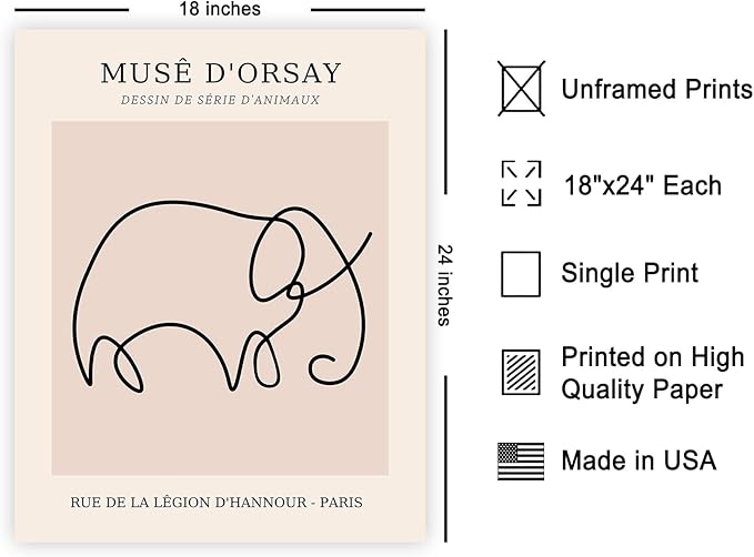 Poster Master Vintage Poster - Retro One Line Elephant Drawing Print - Elephant Art - Minimal Gift for Men, Women, Animal Lover - Abstract Wall Decor for Home, Office, 18x24 Unframed Wall Art-Ruum Studio Home
