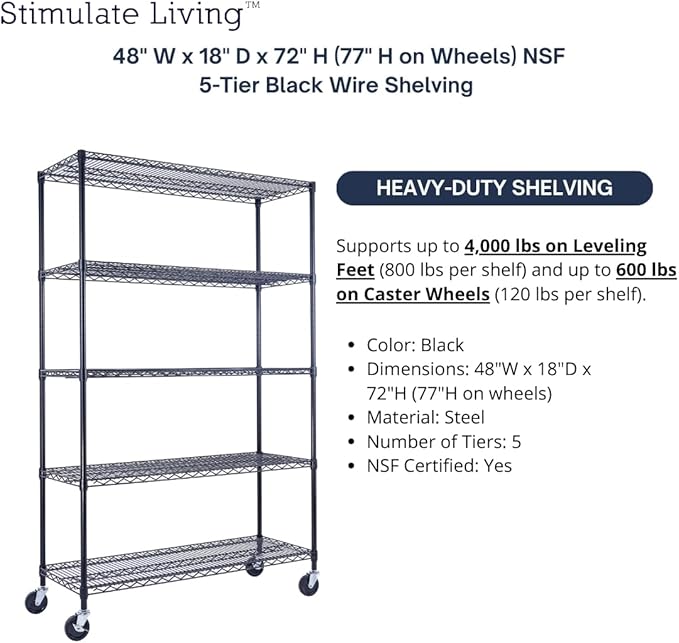 48"x18"x72" PRIME HEAVY DUTY Black 5-Tier Wire Shelving NSF 4000 LBS MAX Capacity Storage Rack for Commercial, School, Home, Garage, Warehouse, Industrial, and Hospital Uses (with Wheels)-Ruum Studio Home