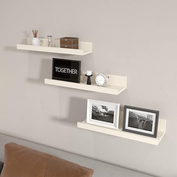 Giftgarden 16 Inch Floating Shelves Wall Mounted, Creamy White Beige Wood-Grain Wooden Ledge Shelf for Bathroom Bedroom Living Room Kitchen Nursery, Set of 3 Different Sizes-Ruum Studio Home
