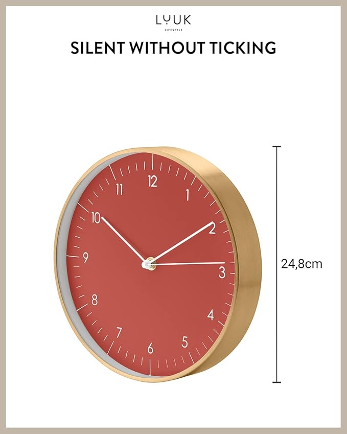 LUUK LIFESTYLE Modern Wall Clock with Silent Quartz Movement, Stylish and Elegant, for Living Room, Bedroom, Dining Room, red and Gold-Ruum Studio Home
