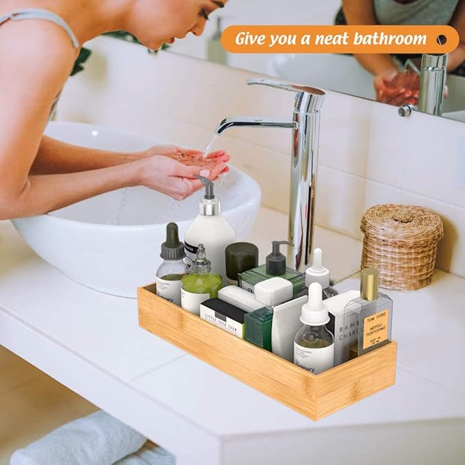 Bathroom Vanity Tray Organizer Bamboo, Small Wood Tray for Bathroom Counter Kicthen Drawer, Rectangular Toilet Paper Storage Basket Box, Guest Sink Tray Decor, Bathroom Accessories 15" x 6" x 2.5"-Ruum Studio Home
