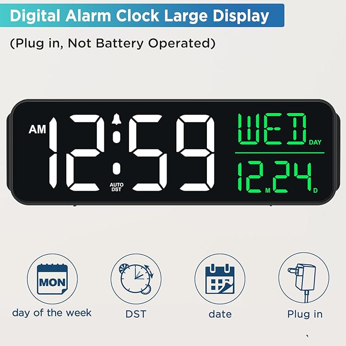 Peakeep Large Display Digital Alarm Clock for Bedrooms, Date Day of Week Calendar Desk Table Clocks for Living Room Office, Dimmable Plug in Electric Clock, 5 Volumes, Loud, Auto DST-Ruum Studio Home