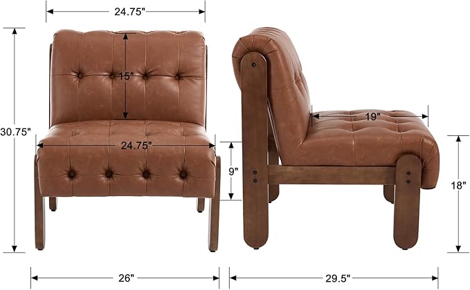 Modern Armless Accent Chair for Living Room, Brown PU Leather Button Tufted Upholstered Lounge Reading Chair with Walnut Wood Frame-Ruum Studio Home