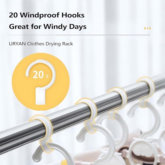 URYAN 95 Inches Clothes Drying Rack, Heavy Duty Stainless Steel Laundry Drying Rack Folding Indoor Outdoor, Portable Drying Rack Clothing, Blanket Rack Clothesline with 20 Windproof Hooks-Ruum Studio Home