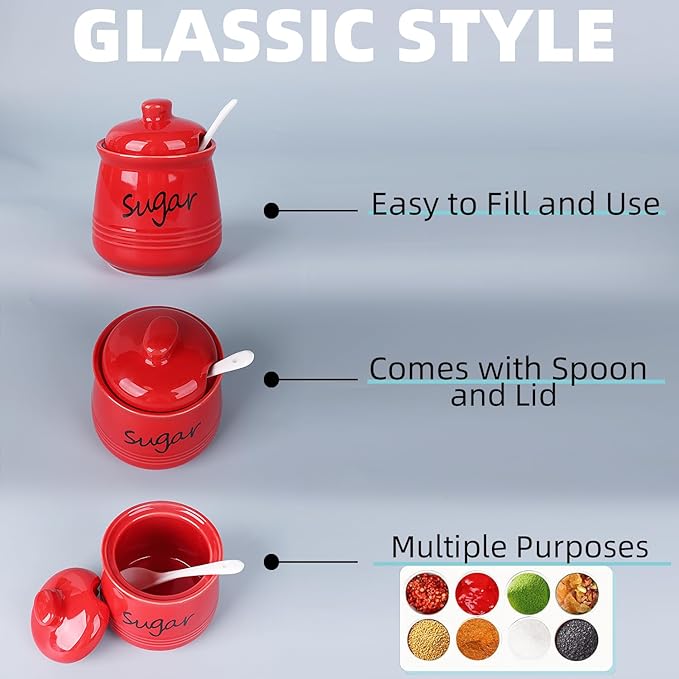 HAOTOP 12oz Sugar Bowl with Lid and Spoon,Ceramic Sugar Jar Sugar Dispenser Sugar Container Coffee Bar Accessories, Kitchen Countertop Canisters, Red-Ruum Studio Home