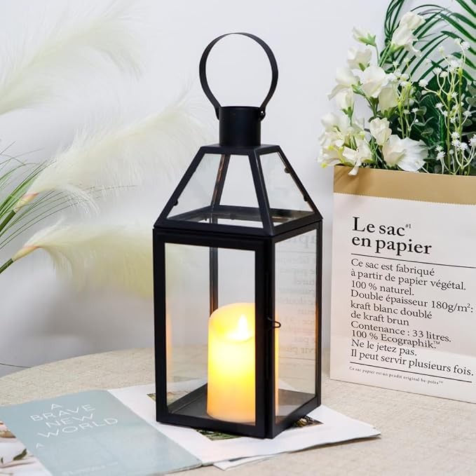 JHY DESIGN Black Decorative Lanterns 16“H Decorative Candle Lantern with Tempered Glass for Indoor Outdoor Events Parities and Weddings-Ruum Studio Home