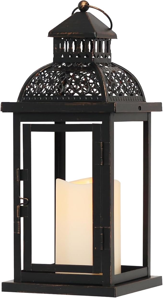 DECORKEY No Glass Lanterns Decorative Indoor & Outdoor, 15'' Candle Lantern Decorative Christmas Indoor Outdoor Decor, Vintage Metal Hanging Lanterns with LED Candle for Patio, Front Porch,Yard, Table-Ruum Studio Home