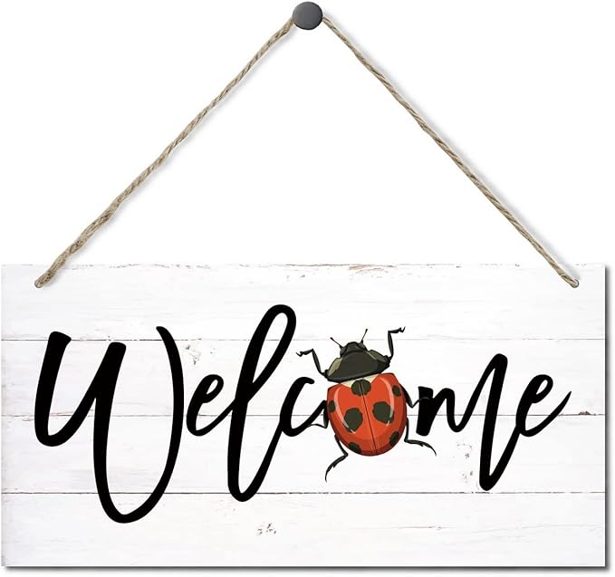 Welcome Decor Sign, Hanging Wood Sign Home Decorative, Printed Wood Wall Art Sign, Ladybug Welcome Sign, Door Sign, Front Door Wall Art Decor, Welcome Sign for Home Farmhouse Yard Garden 12 * 6inch-Ruum Studio Home