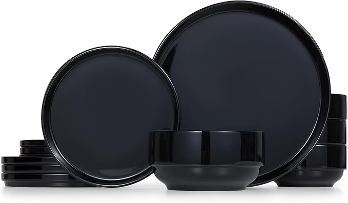 Ceramic Dinnerware Set, 12-Piece Service for 4, Soup Bowls (31.5 oz), Salad Plates (7.5"), Dinner Plates (10.5"), Round, Microwave and Dishwasher Safe, Black, Cambridge Classics-Ruum Studio Home