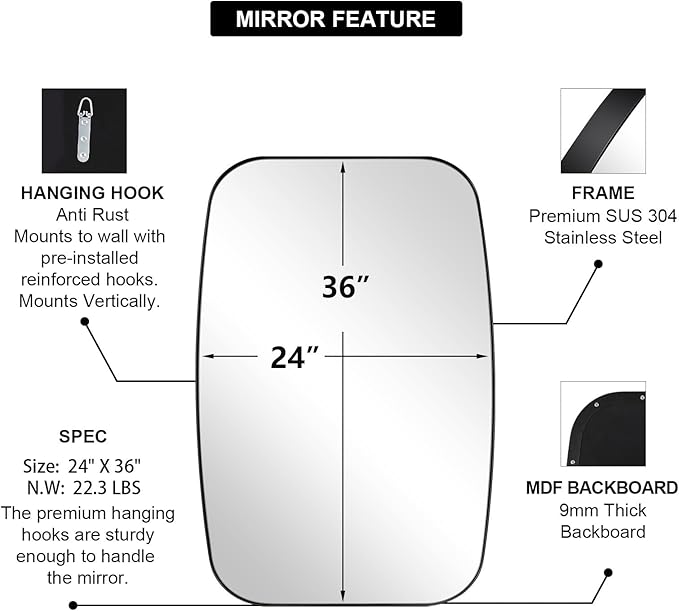 ANDY STAR Black Oval Mirrors for Bathroom, Large 24x36’’ Matte Black Metal Framed Oblong Wall Mirror, Modern Black Vanity Mirror in Stainless Steel Frame Wall Mount Horizontal or Vertical-Ruum Studio Home
