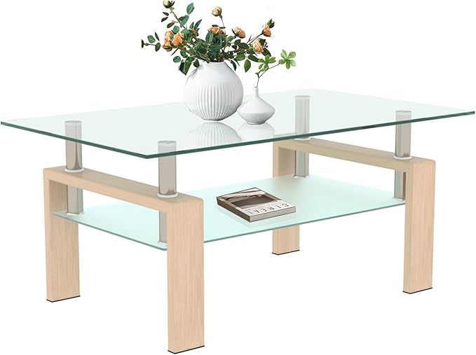 Glass Coffee Table Rectangle Living Room Center Table, 39inch Transparent Tempered Glass Tabletop and Beige Wood Grain Metal Legs, Beige + Clear Glass-Ruum Studio Home