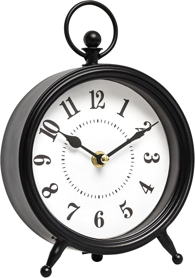 Vintage Black Table Clock on Stand, Decorative Desk and Shelf Clock，Decorative Battery Operated Table Top Clock for Living Room，Silent Non-Ticking(Small)-Ruum Studio Home