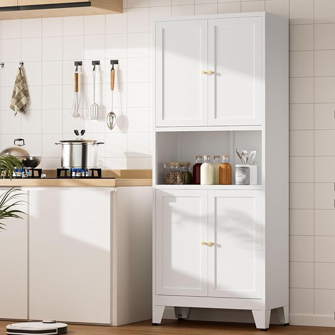 69" Tall Kitchen Pantry Cabinet, Metal Storage Cabinet with 4 Doors and Adjustbale Shelves, Freestanding Cupboards for Dining Room, Living Room, Bathroom-Ruum Studio Home
