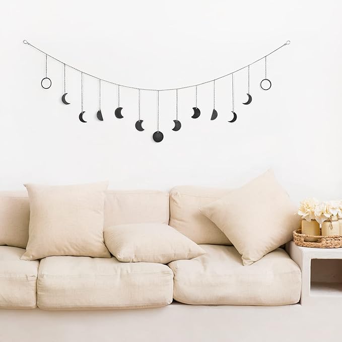 Mkono Moon Phase Wall Hanging Boho Aesthetic Room Decor Metal Moons Garland Hanging Art Bohemian Home Decoration for Girls Room Nursery Bedroom Livingroom Dorm, Ideal, Black, 55"-Ruum Studio Home