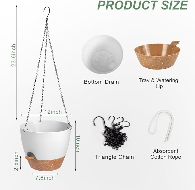 Hanging Planters for Indoor Outdoor Plants, 1 Set Self Watering Hanging Pot with Drainage Holes & Removable Tray (White-12inch, 12'')-Ruum Studio Home