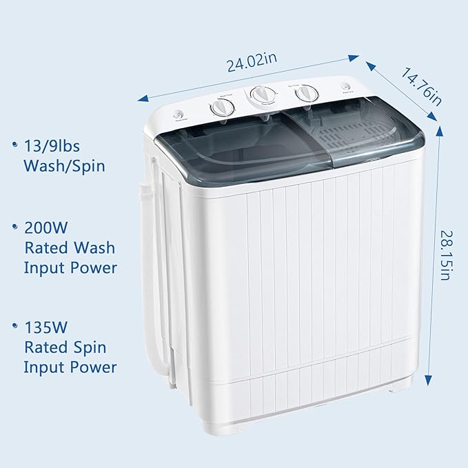 Portable Mini Twin Tub 22lbs Washing Machine With Drying Rack& 10 Hangers, 13lbs Washer & 9lbs Spinner, Small Laundry Washer with Time Control for Camping, Apartments, RV (22lbs)-Ruum Studio Home