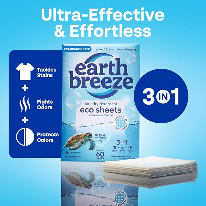 Earth Breeze Laundry Detergent Sheets Fragrance-Free - 180 Loads Eco Liquidless Soap - Travel-Friendly for Hot & Cold Cycles, Tackles Tough Stains & Odors - Gentle on Sensitive Skin, 90 Ct (3 Pack)-Ruum Studio Home