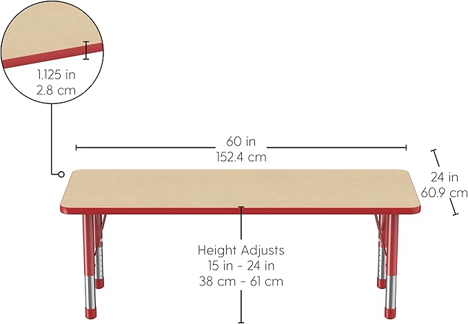 FDP Rectangle Activity School and Classroom Kids Table (24 x 60 inch), Chunky Toddler Legs, Adjustable Height 15-24 inches - Maple Top and Red Edge-Ruum Studio Home
