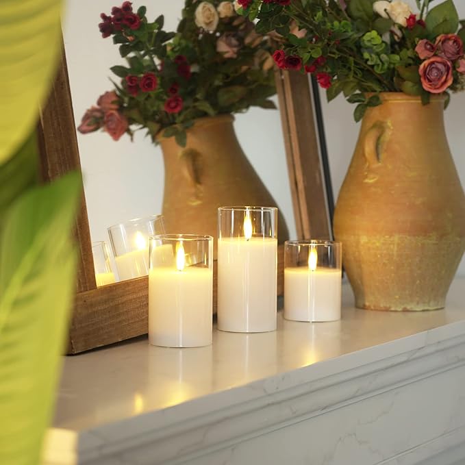 Homemory Clear Glass Flameless Candles, Pure White Wax Battery Operated Candles, LED Pillar Candles with Remote Control and Timers, D3 H4 5" 6", Set of 3-Ruum Studio Home