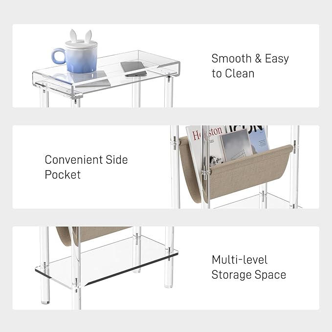 Eglaf Acrylic Narrow Side Table for Small Spaces - Slim End Table with Magazine Holder - Skinny Side Table Small Bedside Table Nightstand for Living Room Bedroom- 15.7” L x 7” W x 23.9” H, Clear-Ruum Studio Home