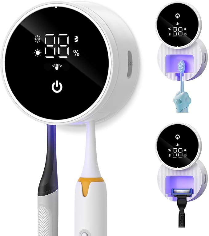Upgraded UV Toothbrush Cleaner Holder Wall Mounted, Temracha Razor Electric Toothbrush Holder for Bathroom, LED Smart Screen, with Auto-Inductive Cover, Cleaning and 60-Degree Drying, for Home, Travel-Ruum Studio Home