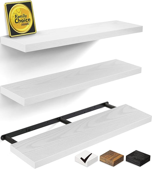 BAYKA Floating Shelves for Wall, 36 inches Wall Mounted Rustic Wood Shelves for Bathroom, Bedroom, Living Room, for Storage/Decor with 30lbs Capacity（White,Set of 3-Ruum Studio Home