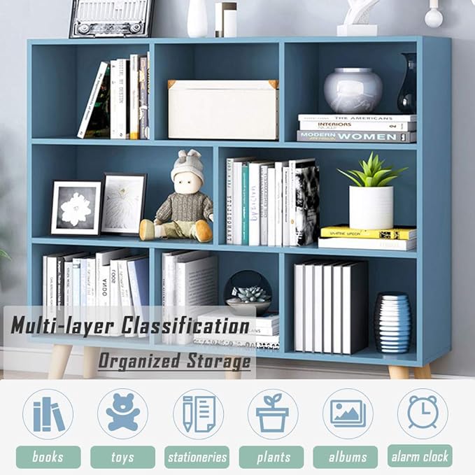IOTXY Wooden Open Shelf Bookcase - 3-Tier Floorstanding Display Cabinet Rack with Legs, 8 Cubes Free Standing Bookshelf, Bright Blue-Ruum Studio Home