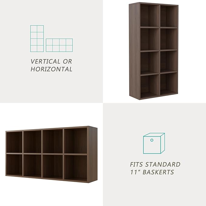 8-Cube Storage Shelf Bookcase - Wooden 4-Tier Floor Standing Open Bookshelf for Home and Office, Cuby Orgainzer, Walnut-Ruum Studio Home