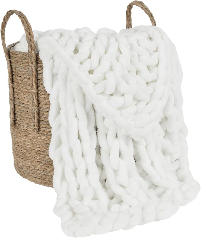 Esterra Chunky Knit Blanket Throw, 100% Handmade Chenille Throw Blanket 40"x50", Soft Thick Yarn Cable Knit Crochet Throw Blanket Rope Knot Throw for Couch Bed Sofa, Bright White-Ruum Studio Home