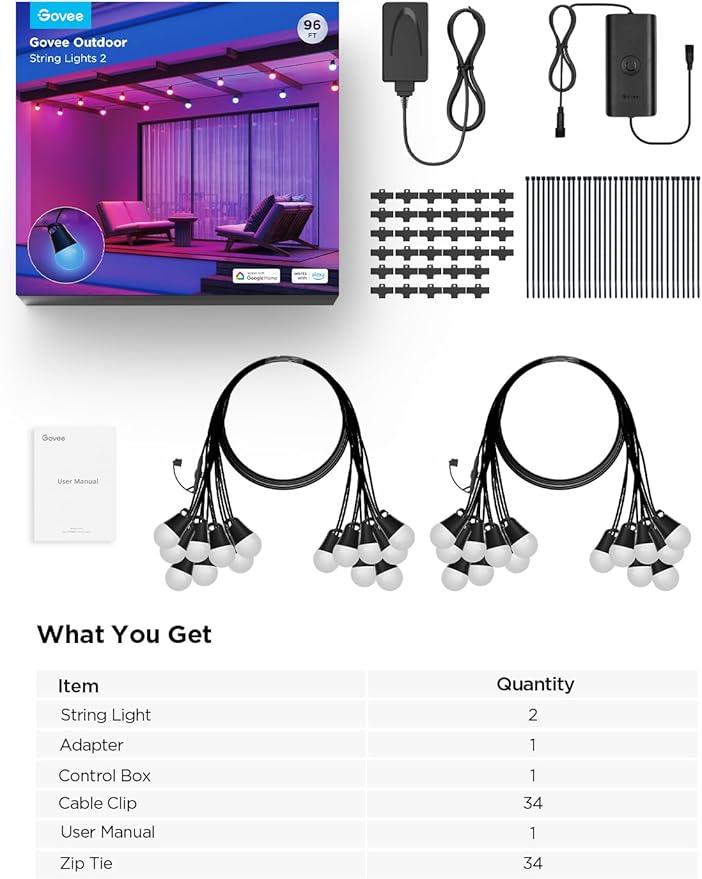 Govee Smart Outdoor String Lights 2, 96ft RGBIC Outdoor Lights with Dimmable Warm White LED Bulbs, 47 Scene Modes for Patio, Backyard, IP65 Waterproof, Works with Alexa, App Control-Ruum Studio Home