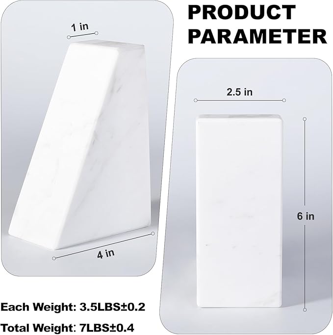 Marble Bookends for Heavy Books, Decorative Book Ends for Shelves, White Stone Durable and Heavy-Duty Book Ends for Hardback Books & CDS, Unique Book Stopper & Holder, Set of 2-Ruum Studio Home