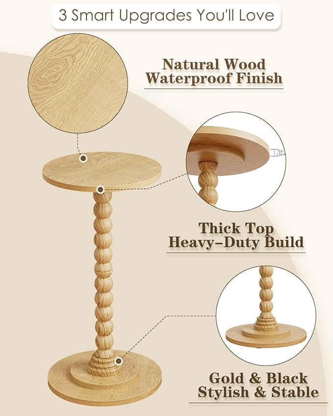 Masupu Round Side Table, Small End Table for Small Spaces, Pedestal Drink Table with Solid Wood Leg for Living Room, Bedroom, Corners(Natural)-Ruum Studio Home