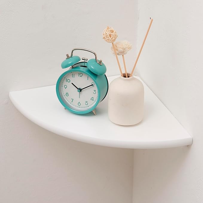 Corner Shelf, White Solid Oak Wood Floating Corner Shelves Wall Mount Round End Floating Speaker Rack for Small Plant Photo Frame (White, 8.6in)-Ruum Studio Home