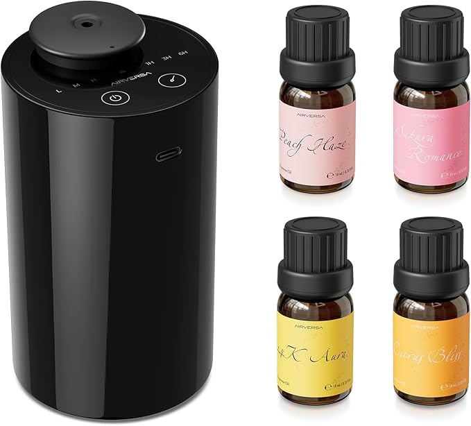 Waterless Essential Oil Diffuser Starter Kit with 4 x 10mL Fragrance Scent Oil, Battery Operated Mini Scent Air Machine Portable Diffuser for Home Car Office, AN6 Black Kit01-Ruum Studio Home