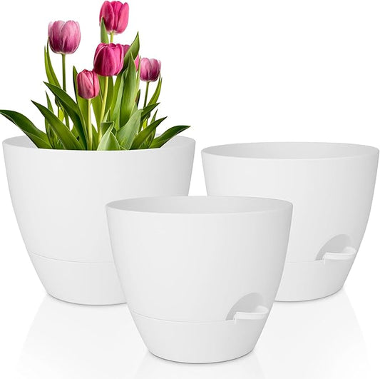 Plant Pots 12/10/9 Inch Self Watering Pots, Set of 3 Plastic Planters with Drainage Holes and Saucers,Plastic Flower Pots,Nursery Planting Pot for Indoor Out Door Plants(Pure White)-Ruum Studio Home