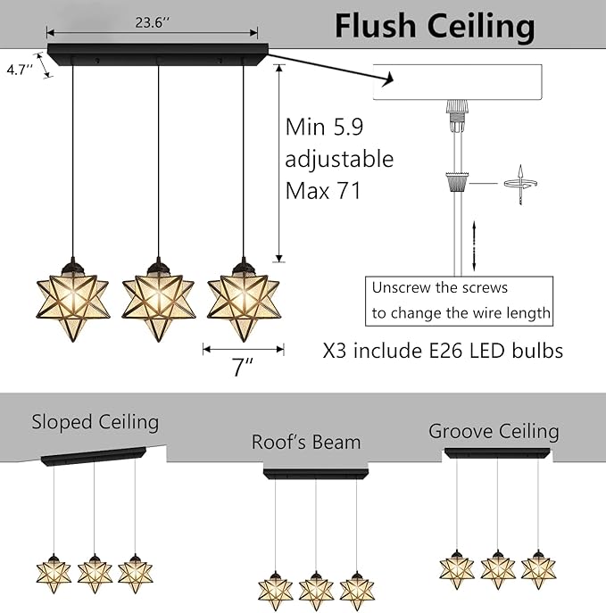 Modern Farmhouse Glam Chandelier Dining Room Glass Star Pendants Light Fixture Kitchen Island LED Ceiling Hanging Lights Included Warm Light Bulbs Black-Ruum Studio Home