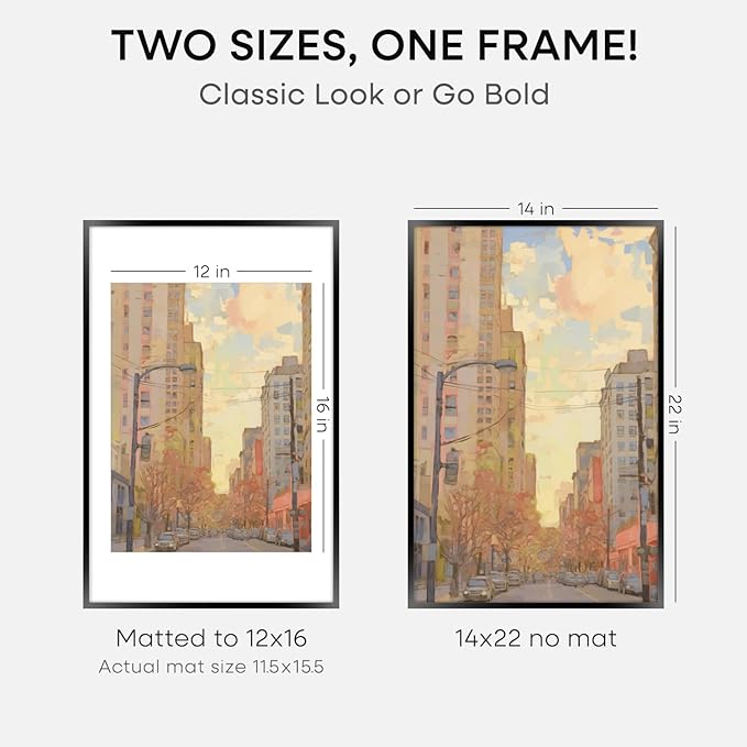 Homeforia 14x22 Picture Frame Black, High End Metal 14 x 22 Poster Frames with Mat 12 x 16 for Photo, 14x22 Black Frame Matted to 12x16 inch Print, 22x14 Thin Frame, Tempered Glass, Wall Kit, Set of 1-Ruum Studio Home