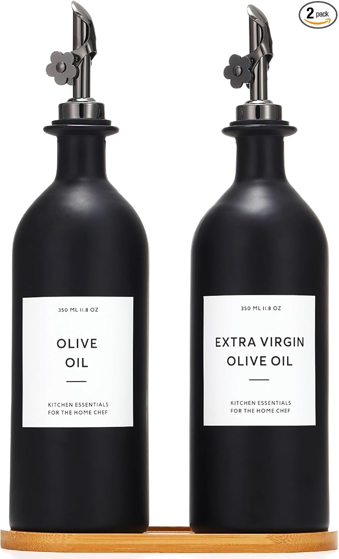 HOMCDALY Olive Oil Dispenser for Kitchen, 16oz Glass Oil Bottles with Bamboo Tray, Black Oil&Vinegar Cruet Set, Kitchen Dispenser Bottles with Pourer | Set of 2 (16oz – Black)-Ruum Studio Home